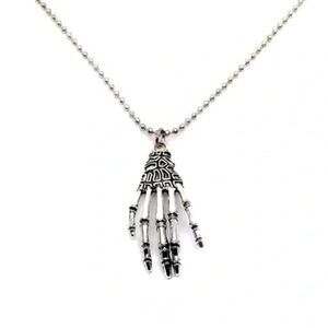 Skeleton Hand Necklace 23” Silver Tone Lightweight Goth Horror Jewelry